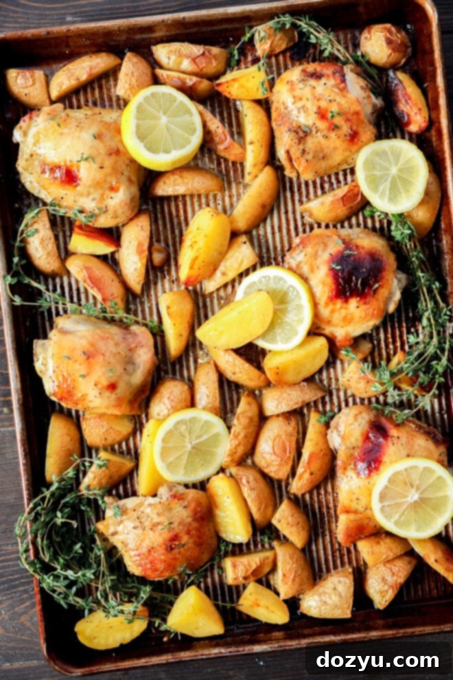 Lemon Herb Roasted Chicken and Potatoes 2 A baking sheet with Greek Lemon Chicken and Potatoes, golden wedges, lemon slices, and fresh thyme sprigs, all arranged on a striped parchment lining. The food appears well-cooked and beautifully garnished for serving.