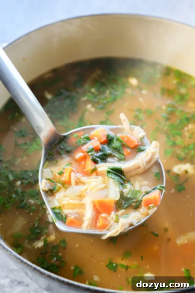 A ladle scooping homemade lemon and chicken soup with shredded chicken, diced carrots, onions, and chopped fresh herbs from a pot filled with flavorful broth.