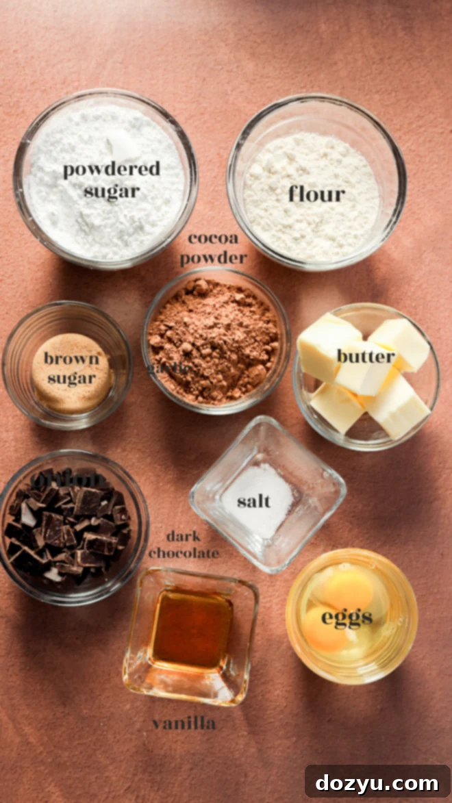 Overhead view of labeled baking ingredients in glass bowls for Brownie Bites: powdered sugar, flour, brown sugar, cocoa powder, butter, salt, dark chocolate chunks, vanilla extract, and eggs on a brown surface.