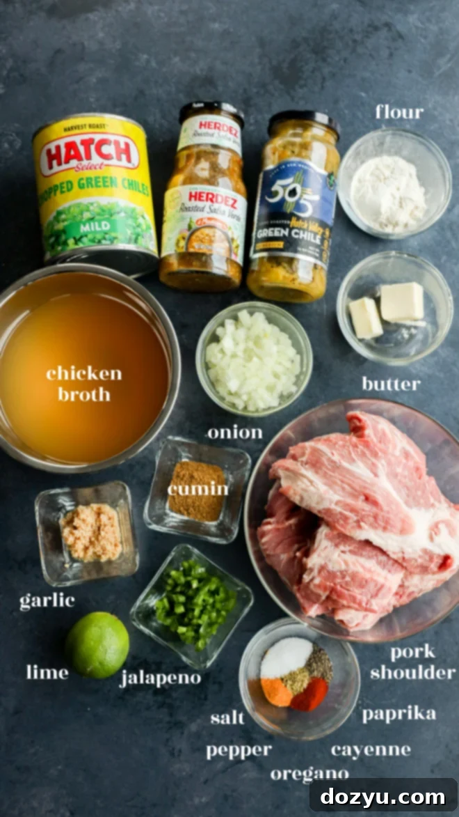 Top-down view of pork green chile ingredients, featuring chicken broth, chopped green chiles, salsa verde, flour, onion, butter, pork shoulder, garlic, lime, jalapeño, and assorted spices arranged in small bowls.
