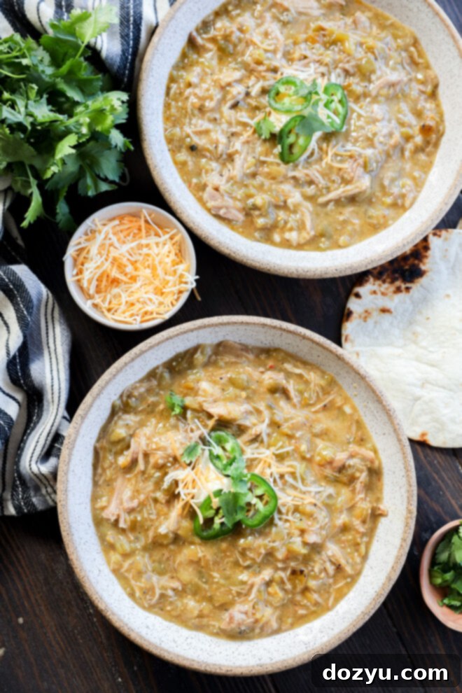Two bowls of pork green chile stew topped with shredded cheese and sliced jalapeños, surrounded by cilantro, extra cheese, a striped towel, and a tortilla on a dark wooden table.