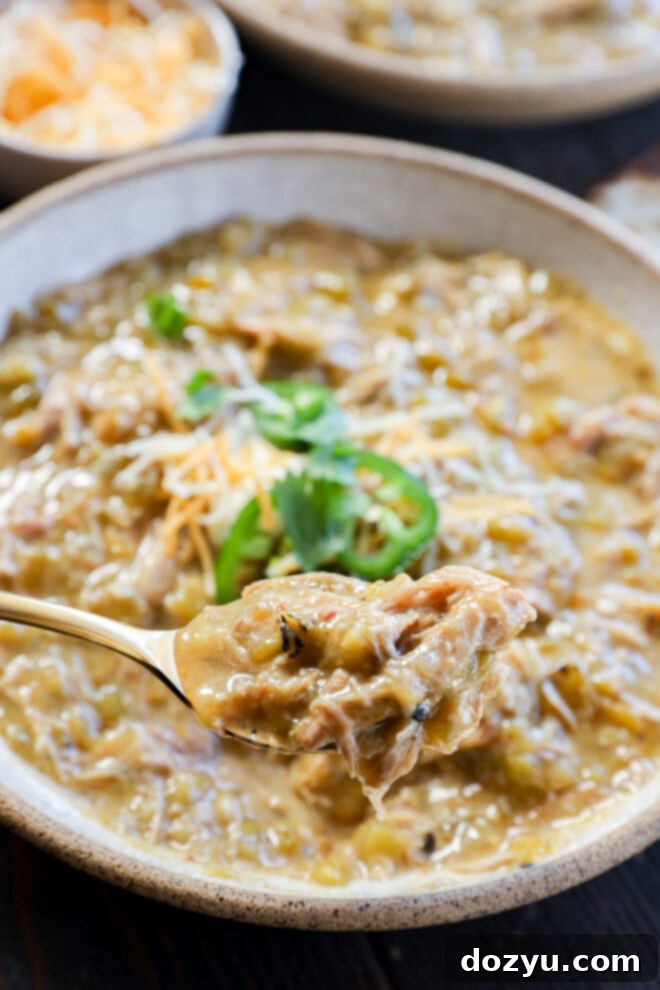 A close-up of a spoonful of creamy pork green chile stew with shredded meat, held above a bowl topped with cheese, jalapeño slices, and cilantro. Other bowls are blurred in the background.