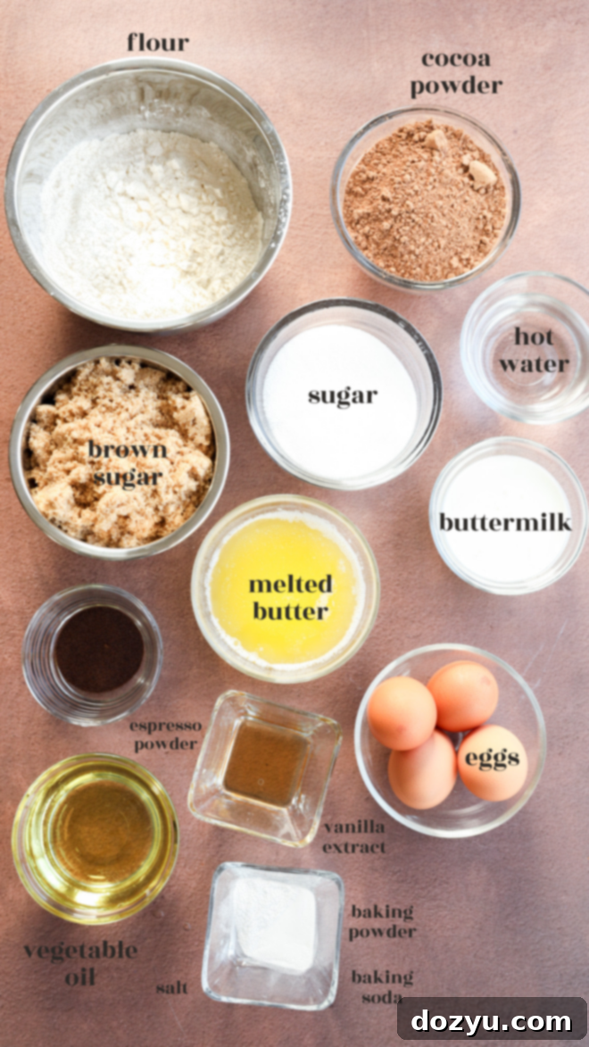 Brownie cake baking ingredients including flour, cocoa powder, water, and sugars.