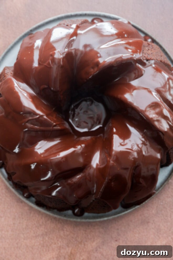 A brownie cake covered in chocolate ganache on a round plate.