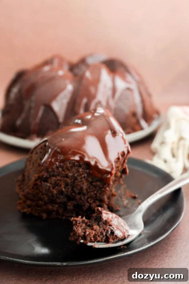 A slice of brownie cake with chocolate glaze.