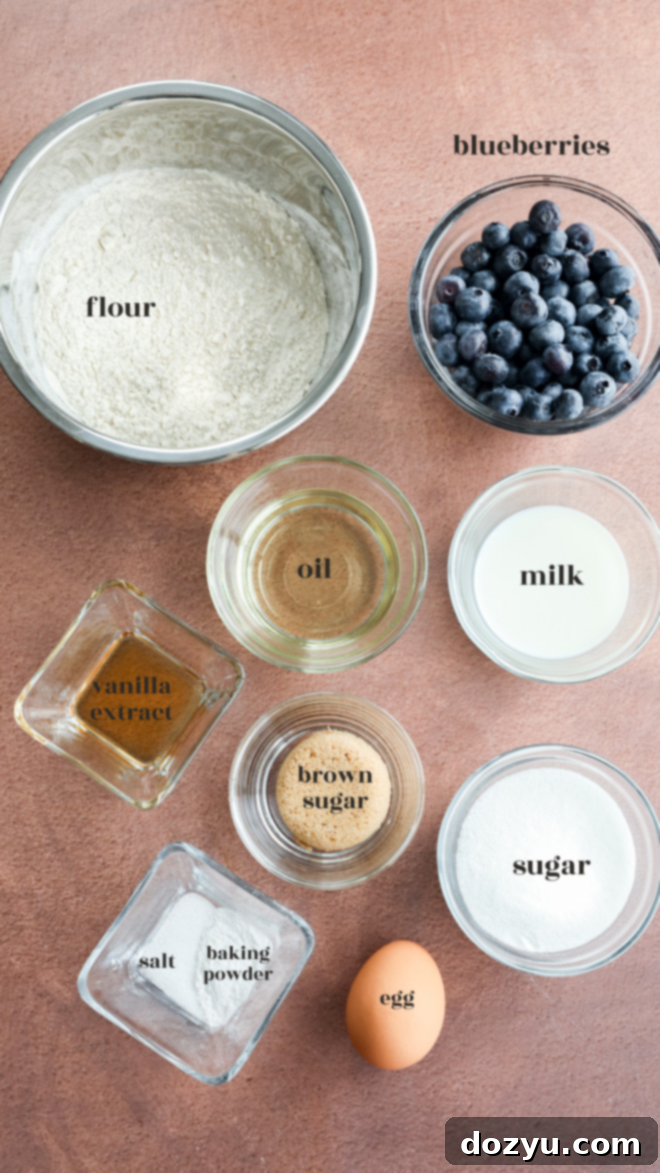 Tiny Blueberry Bites 3 Top-down view of ingredients for baking Mini Blueberry Muffins, including flour, blueberries, oil, milk, vanilla extract, brown sugar, sugar, salt, baking powder, and an egg—each labeled in or beside clear bowls on a brown surface.