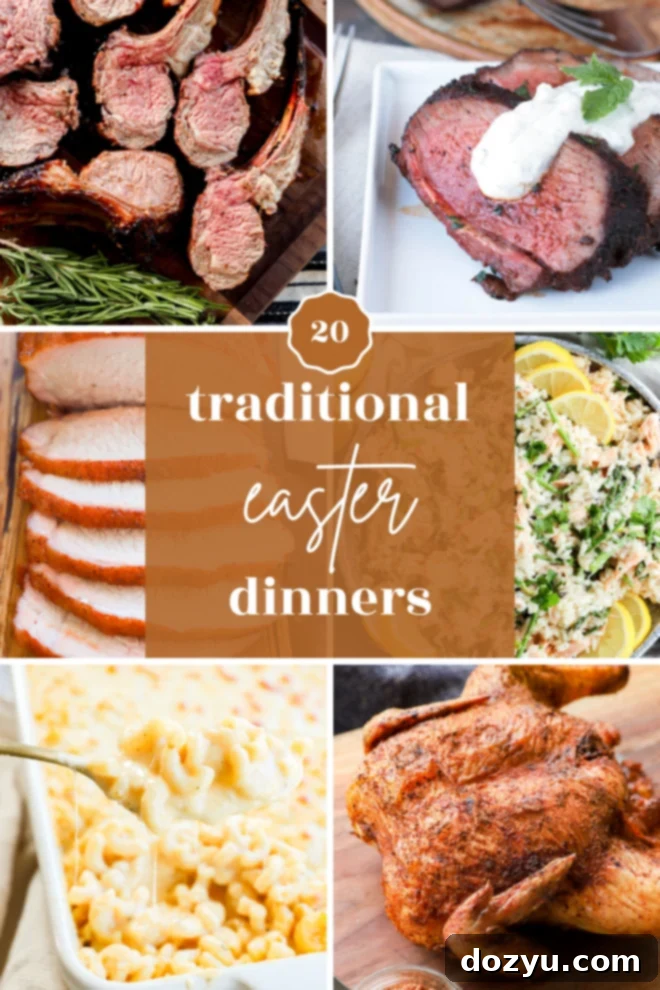 A collage of traditional Easter dinner dishes: lamb, roast beef, sliced ham, rice with herbs and lemon, macaroni and cheese, and whole roasted chicken.